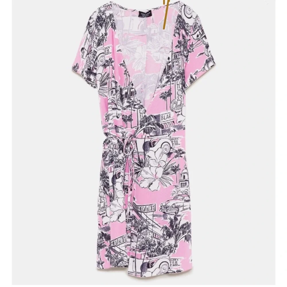 Zara Pink and Gray Wrap Sundress with Flutter Sleeves - Picture 4 of 6